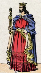 Dinastia carolingia: Ritratto di Luigi IV, detto Oltremare (921-954), Re dei Franchi dal 936 al 954. Immagine di Epinal fine XIX secolo. Collezione privata