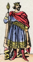 Dinastia carolingia: Ritratto di Raoul di Francia, re dei Franchi dal 923 al 936. Immagine di Epinal della fine del XIX secolo. Collezione privata.