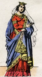 Dinastia carolingia: Ritratto di Richarde di Svevia, regina dei Franchi, moglie di Carlo III il Grosso. Immagine di Epinal della fine del XIX secolo. Collezione privata.