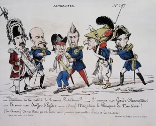 Caricatura sulla Comune "Notizie - Quante truppe hai radunato, Paladine? - Sto portando una guardia del paese. E io sono una chiesa svizzera. - (Vinoy) Tengo il Pompiere di Nanterre - (Nel cuore) Va bene, va bene, finalmente metteremo Parigi a ragione"