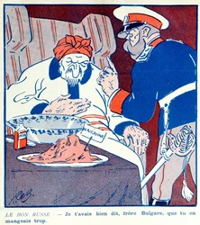 Cartone animato che critica il comportamento avido della Bulgaria sulla spartizione della Macedonia durante le guerre balcaniche 1912-13