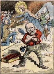 Caricatura dello scrittore Émile Zola (1840-1902) perplesso per la devozione dei fedeli a Lourdes, nonostante la sua critica sull