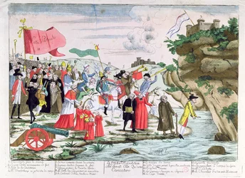 Cartone animato che ridicolizza il clero e gli aristocratici francesi che si rifugiarono in Germania durante la Rivoluzione, c.1792