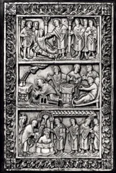 Placca scolpita per una copertina di libro raffigurante scene della vita di San Remigio e il battesimo di Clodoveo I