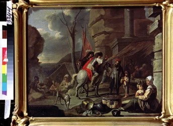 Cavalieri che arrivano a una locanda sulla strada