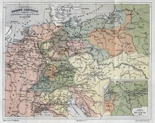 Europa centrale che mostra i siti storici e i campi di battaglia del 1792-1813 - incisione in "Histoire de France" di Victor Duruy - 1882