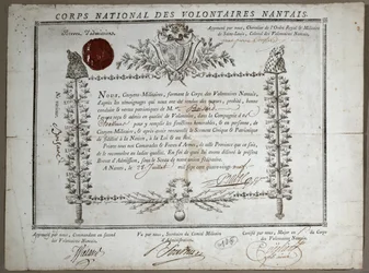 Certificato di ammissione alla Guardia nazionale dei volontari di Nantes, 1789