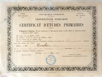 Certificato di istruzione primaria, Accademia di Lille, 1898 (inchiostro su carta)
