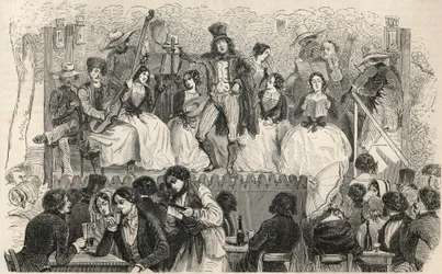 Champs-Elysees - Cantanti davanti al caffè Morel - Incisione in "Tableau-de-Paris" di Edmond Texier 1852