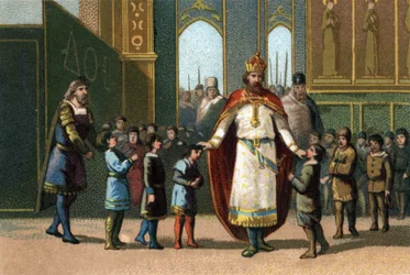 Carlo Magno, re di Francia dal 768 al 814, fondatore della scuola, supervisiona le lezioni. Cromolitografia intorno al 1890