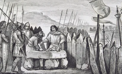 Carlo III il Grasso (839-88) paga gli invasori vichinghi nel 886, da 