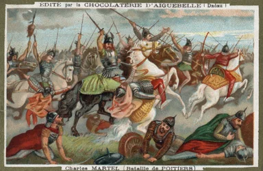 Carlo Martello ferma i musulmani nella battaglia di Poitiers nel 732. Cromolitografia del XIX secolo.