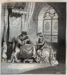 Carlo VI e Odette de Champdivers - Re Carlo VI di Francia, noto come Carlo il Beneamato, poi Carlo il Folle, con la sua amante Odette de Champdivers giocano a carte incisione in "Paris a travers les siècles"