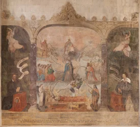 Chiesa (Eglise Saint-Jean-Baptiste). Interno. Cappella Saint-Fursy. Affreschi. La glorificazione di Maria (fresque dite de la bonne mort). Inizio XVII secolo.