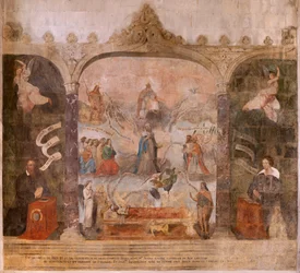 Chiesa (Eglise Saint-Jean-Baptiste). Interno. Cappella Saint-Fursy. Dipinti murali. La glorificazione di Maria (fresque dite de la bonne mort). Inizio XVII secolo.