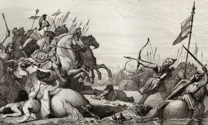 Clodion, Il Peloso (c.428-47) si ritira attraverso il ponte dopo la sua sconfitta da parte di Ezio, da 