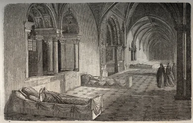 Chiostro di Fontevrault con statue di Enrico II - Eleonora di Aquitania - incisione in "Histoire de France" di Victor Duruy - 1882