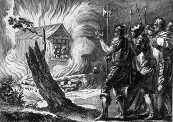 Clotario I (497-561), re dei Franchi, fece bruciare suo figlio Chramne in una capanna, che si era ribellato contro di lui e la sua famiglia. Circa 560. Incisione del XVIII secolo