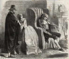Clotilde Sprengel e Zacharie Bergmann osservano il medico tedesco Petrus Schultz addormentato davanti al XVIII secolo. Incisione del 1871 in "Histoire Des Cocuses Celebres" di Henry de Kock