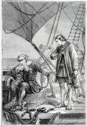 Colombo legato come un malfattore (sul ponte della nave), ill. "Scoperta della Terra" di Jules Verne, ed. Hetzel, XIX secolo