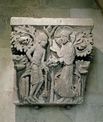 Capitello della colonna raffigurante Cristo e Giacomo il Minore, c.1125-30 (pietra calcarea)
