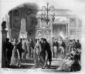 Comédie Française: veduta del foyer degli artisti con i comici François-Joseph Talma (1763-1826) e Anne Boutet, detta Mademoiselle Mars (1779-1847), comica francese. Incisione del 1867-1868