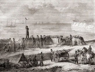 Comunicazione tra una nave che entra in porto e le truppe sbarcate usando il sistema di telegrafia a bandiera semaforica, da Les Merveilles de la Science, pubblicato c.1870 (incisione)