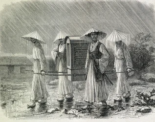 Coreani vestiti in un palanchino (abito da pioggia dei coreani) che trasportano una sedia. Illustrazione tratta da 