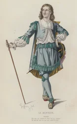 Corneille, Il Bugiardo, Atto I, Scena I (incisione colorata)