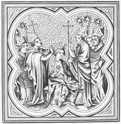 Incoronazione di Carlo Magno (742-814), da una miniatura nelle Cronache di Saint-Denis