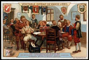 Corporazioni nel Medioevo: una deliberazione dei giurati di macellai, conciatori, saponai, calzolai, guantai e barbieri riuniti - vignetta pubblicitaria Liebig, fine XIX secolo
