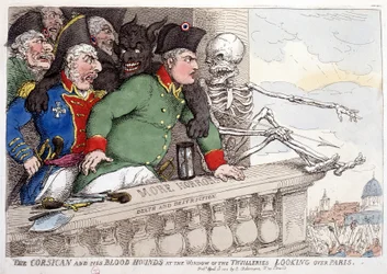 La Corsica e il suo aspetto sanguinario guardando Parigi attraverso la finestra delle Tuileries - in "Napoleone I", caricature, collezione fittizia, c. 1814-1815.