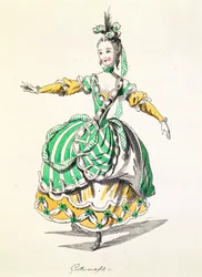 Costume per Phrygienne, in Dardanus, un libretto di Leclerc de Labruere, composto da Jean-Philippe Rameau, facsimile di A. Guillaumot Fils (incisione a colori)