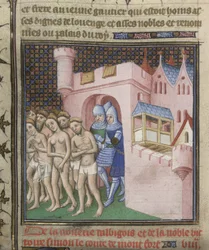 Cotton Nero E. II pt.2, f.20v Espulsione degli Albigesi da Carcassonne nel 1209, dalle 
