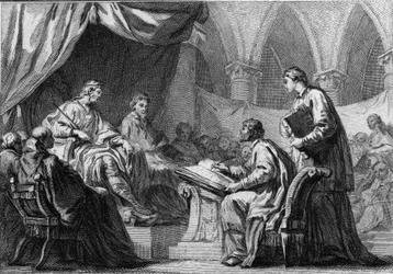 Concilio di Orleans, 511: Clodoveo I (466-511), re dei Franchi, partecipa al concilio che stabilisce la cooperazione tra i re di Francia e la Chiesa cattolica. Incisione del XVIII secolo