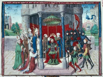 Conte Jean de Brienne, miniatura da "Les chroniques de Jherusalem abregies", 1450 circa (tempera su pergamena)