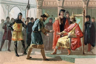 Il conte Luigi di Crecy, minacciato dagli abitanti di Kortrijk, chiede aiuto al re di Francia Carlo il Bello (1294-1328). Cromolitografia intorno al 1890