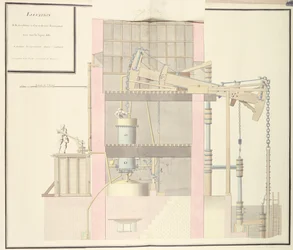 Sezione trasversale di una macchina a vapore per estrarre acqua dalle miniere, c.1760
