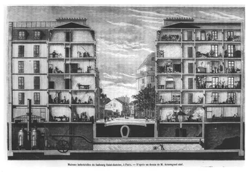 Sezione trasversale di case industriali a Faubourg Saint-Antoine a Parigi, illustrazione da Le Magasin Pittoresque, 1885