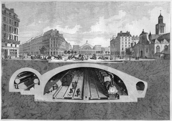 Sezione trasversale che rappresenta il progetto della ferrovia sotterranea a Parigi, dalla Villette alle halles centrali, nel 1861. Incisione in 