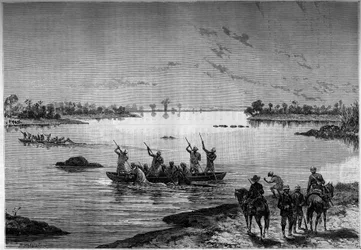 Attraversamento del Niger in barca da parte dei missionari. Incisione nel giornale illustrato “La gioventù”.