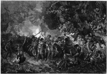 Usanza della Nuova Caledonia: Pilou pilou (Pilou-pilou), danza tradizionale Kanak. Incisione in "Le Monde Illustré" n.772 del 27 gennaio 1872