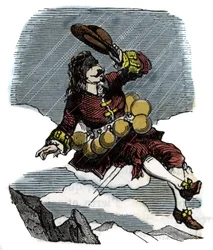 Cyrano de Bergerac sale in cielo grazie a fiale di rugiada e viaggia sulla luna, illustrazione del romanzo di Hercules Savinien Cyrano de Bergerac (1619-1655): "L