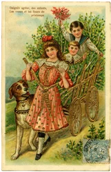 Accettate, bambini, auguri e fiori di primavera: bambini in un carretto accompagnati da un cane. Cartolina inizio XX secolo.