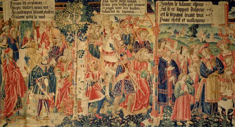 Daniele interroga gli Anziani, gli Anziani condotti alla loro esecuzione e Susanna che piange sulla via del suo processo, pannello destro dalla Storia di Susanna