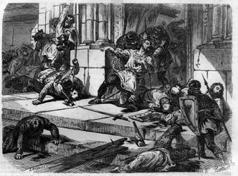 Il diacono Giovanni fa abbattere le porte del palazzo del Laterano. Incisione in "Histoire des Papes-Rois-Reine e Empereurs a travers les siècles" di Maurice Lachatre