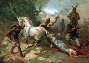 Morte di Brunehaut (o Brunechilde) (legata alla coda di un cavallo indomabile) ordinata da Clotario II (613). Cromolitografia della fine del XIX secolo.