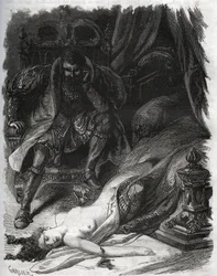 Morte di Françoise de Foix, Contessa di Chateaubriant (ca. 1495-1537), assassinata dal marito Jean de Laval Conte di Chateaubriant (Laval-Chateaubriant) (1486-1543), che così si vendicò delle infedeltà della moglie. Incisione del 1871 in "Histoire Des