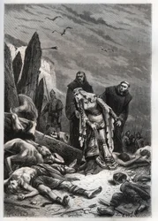 Morte del re Harold II (1022-1066) nella Battaglia di Hastings nel 1066 - Edith Swannesha (Swanneck), conosciuta come Edith la Giusta (1025-1086) scopre il corpo del marito