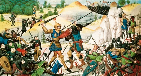 Morte del cavaliere Rolando, nipote di Carlo Magno, nella battaglia di Roncisvalle (778) tra l